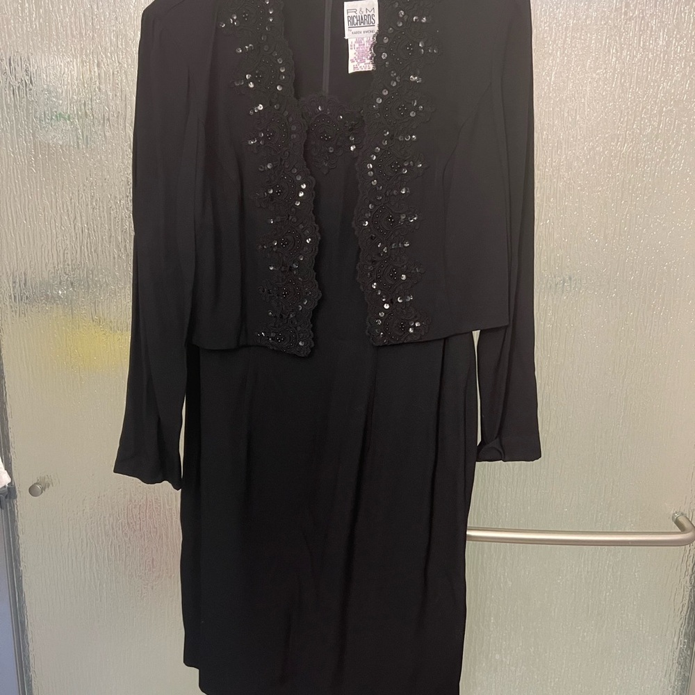 R & M Richards by Karen Kwong two piece black evening dress beaded  and sequins
